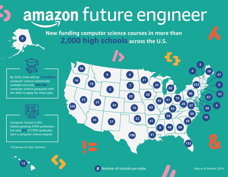 Map of the U.S. showing where Amazon Future Engineer is supporting high schools across the country.