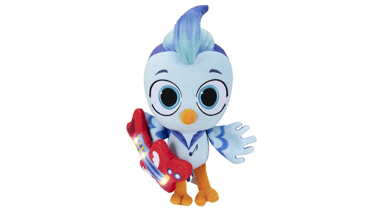 An image of a stuffed blue bird plush toy. The bird has a red guitar under its wing.