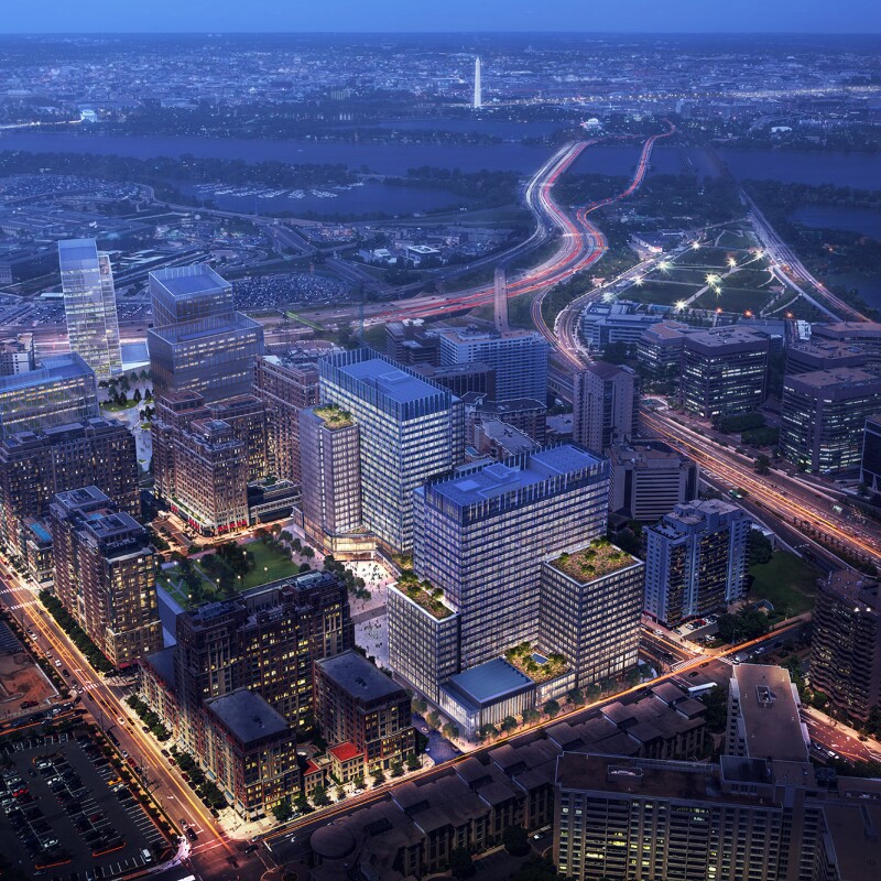 Rendering of Amazon's Arlington campus from above, at night.