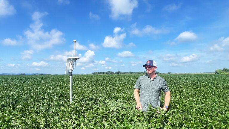 Agricultural monitoring equipment amid lush soybean crop