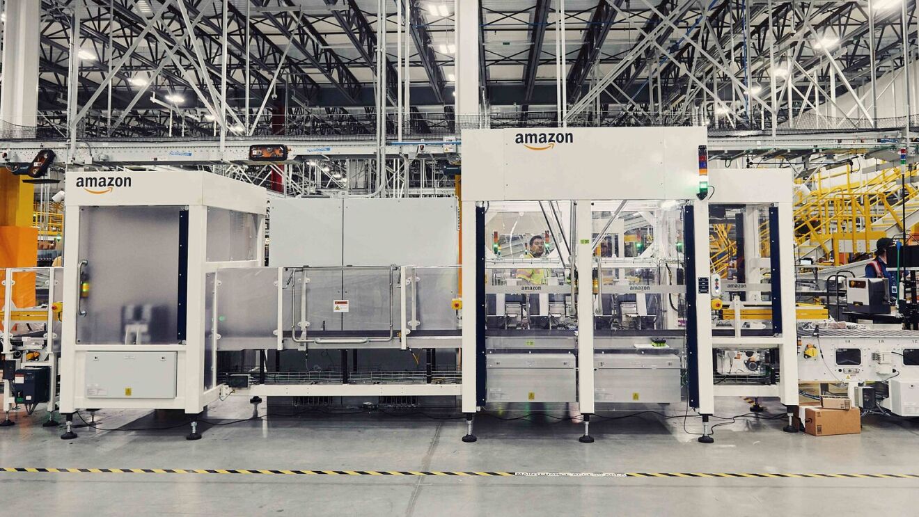 A wide shot of Amazon's Packaging Automation system that creates custom packages for customer orders.
