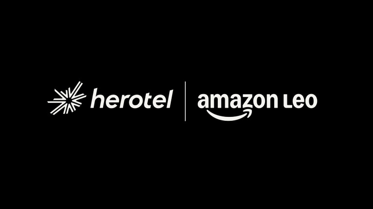 Herotel and Amazon LEO partnership logos on black background
