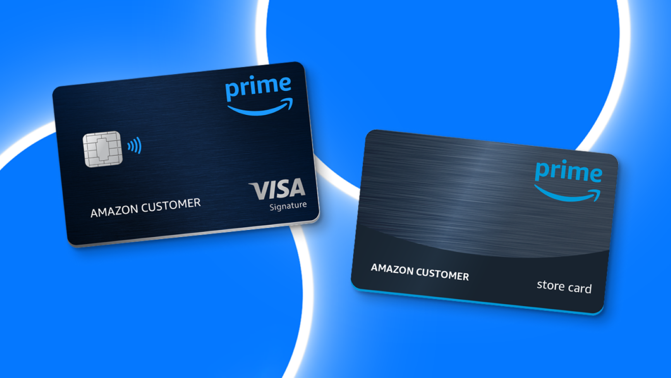 Amazon Prime Visa Signature credit card and store card displayed on blue background