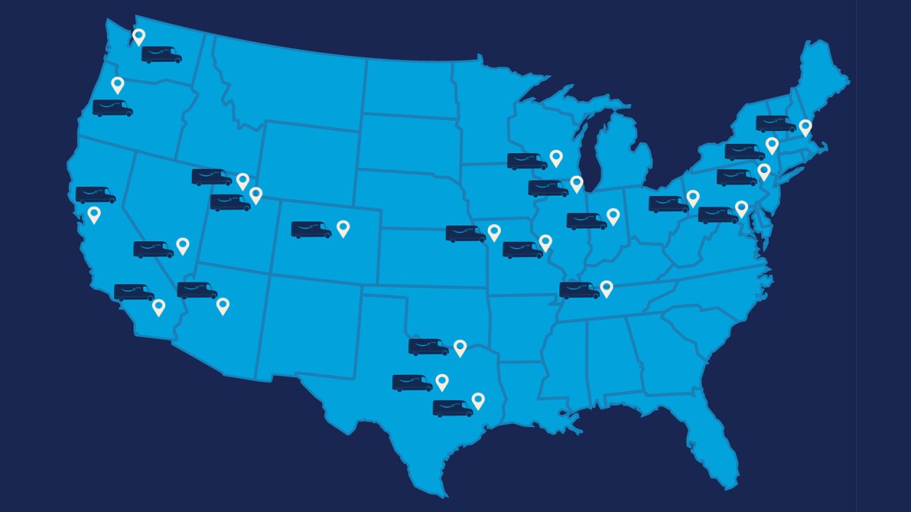 An inforgraphic of the USA with various cities marked with an electric vehicle icon.