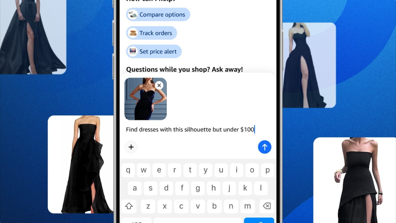 Amazon's Alexa for Shopping visual search results for strapless black dress with ruffled overlay
