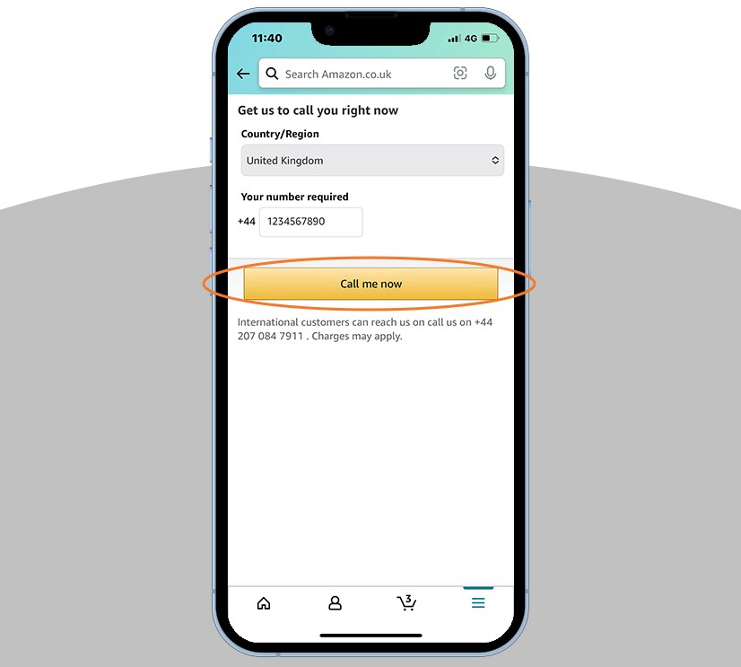 A mobile phone showing how to contact Amazon Customer Service