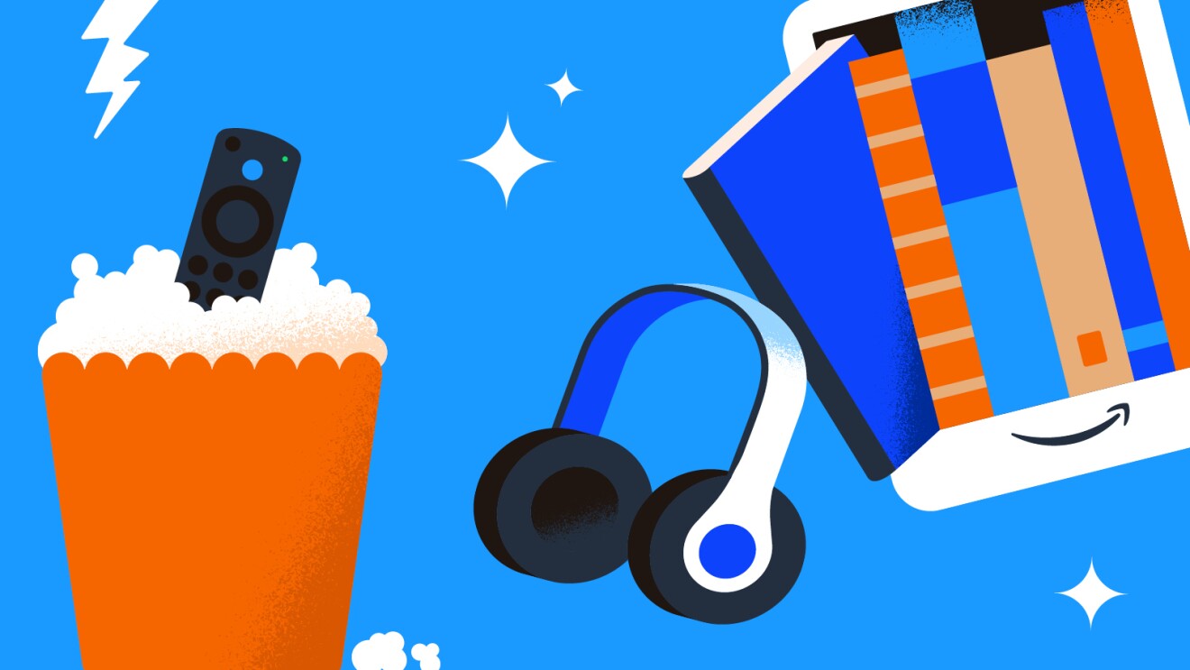 A graphic of a Fire TV remote in a bag of popcorn, a pair of headphones, and a Kindle.