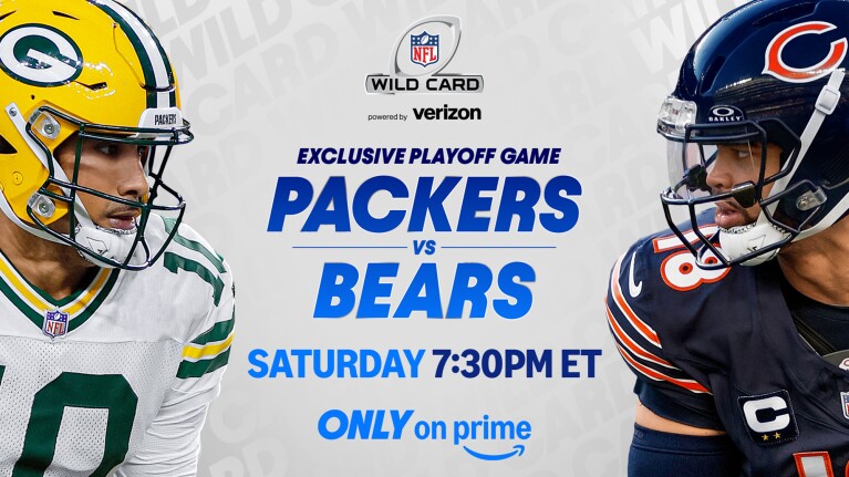 A promo graphic for an NFL game featuring Jordan Love of the Green Bay Packers and Caleb Williams of the Chicago Bears.