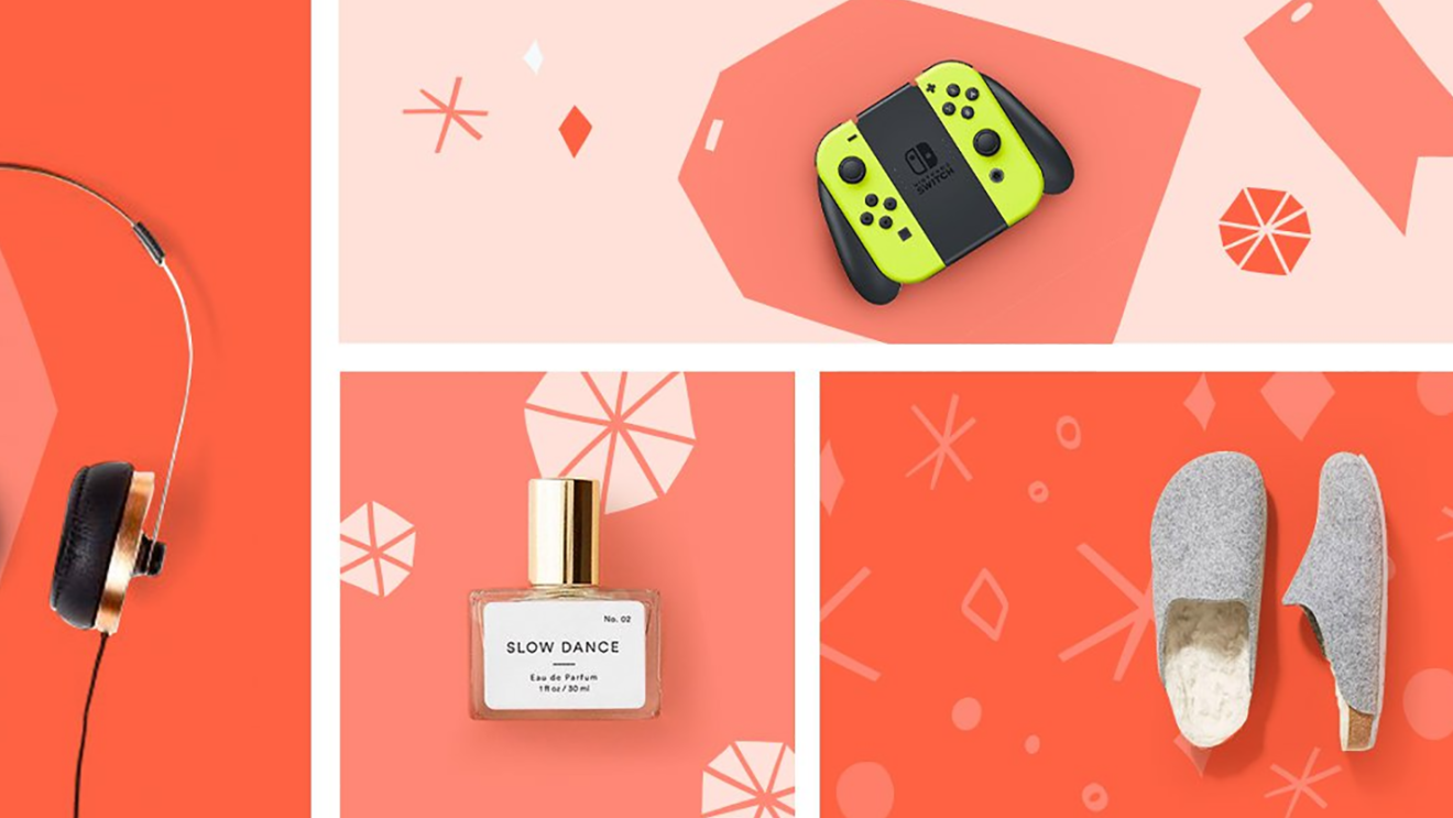 Black Friday deal items on a coral background, including headphones, fragrance, Nintendo Switch controller, and slippers
