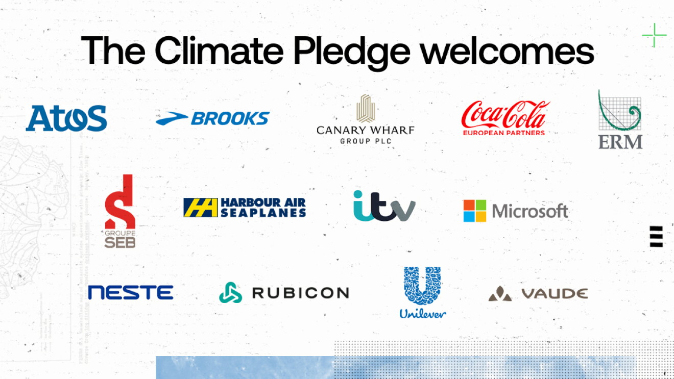 Atos, Brooks, Canary Wharf Group, Coca Cola European Partners, ERM, Groupe SEB France, Harbour Air, ITV, Microsoft, Neste, Rubicon, Unilever e Vaude si uniscono al Climate Pledge