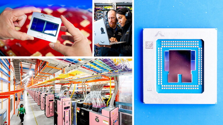 Amazon AI innovation scenes including quantum computing hardware, the inside of a data center, engineering teamwork, and custom chips