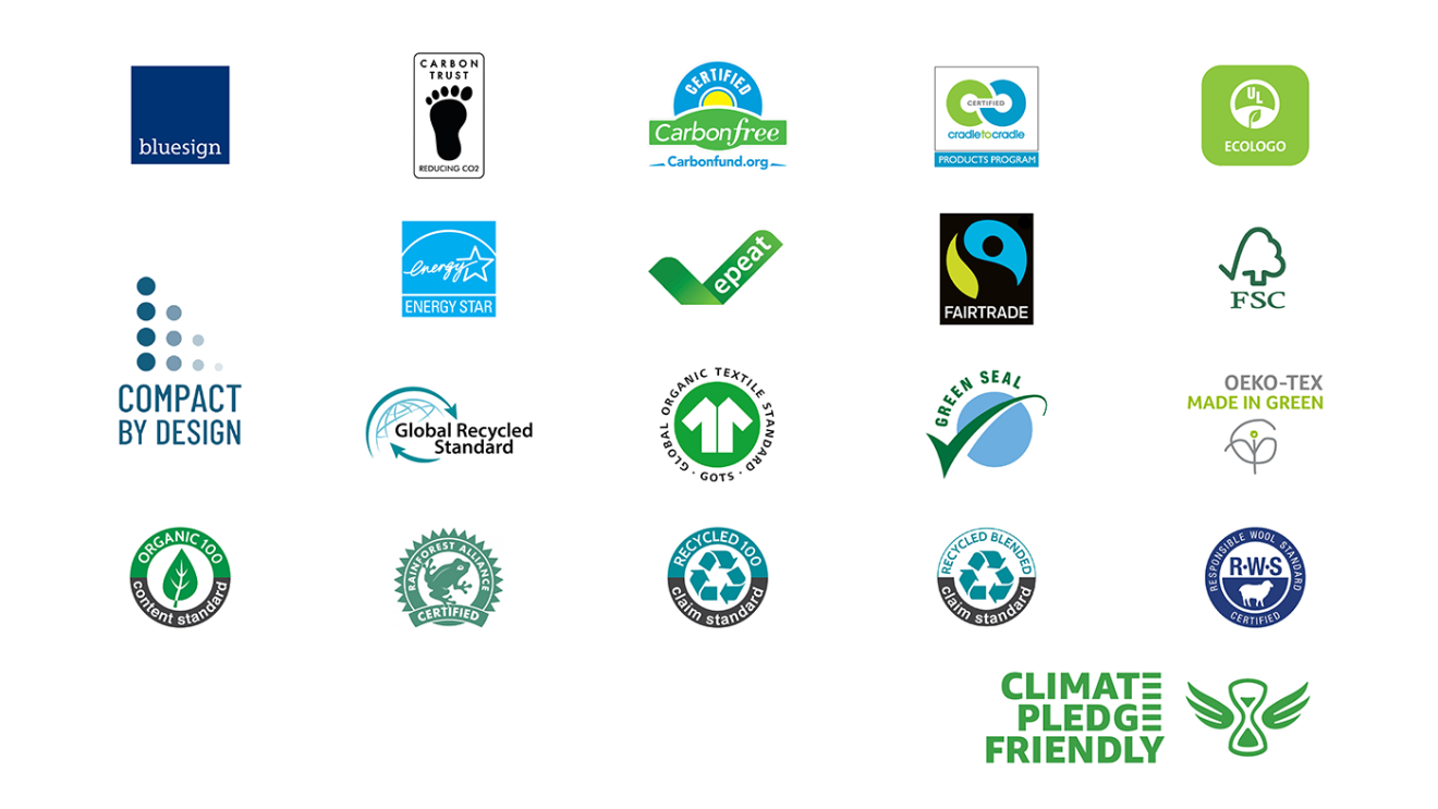 Series of Climate Pledge Friendly logos used on product packaging to signify green-certified
