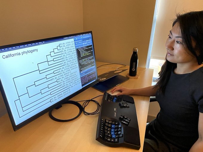 A woman works remotely from her home office.