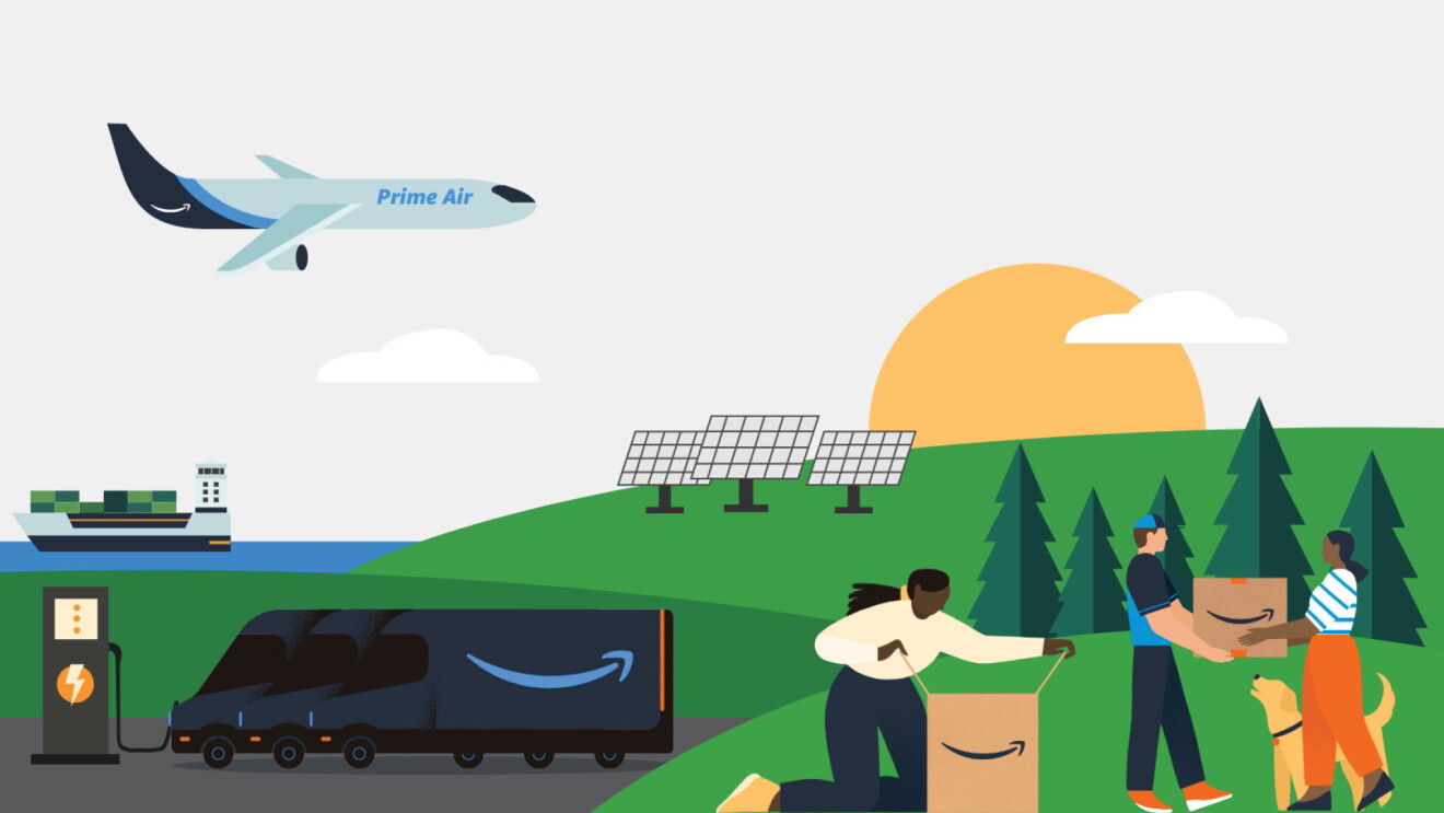 An illustration of a Prime Air plane flying above a landscape where delivery vans by Rivian are charging on a road, and people are receiving and opening Amazon packages to the right of the vans.