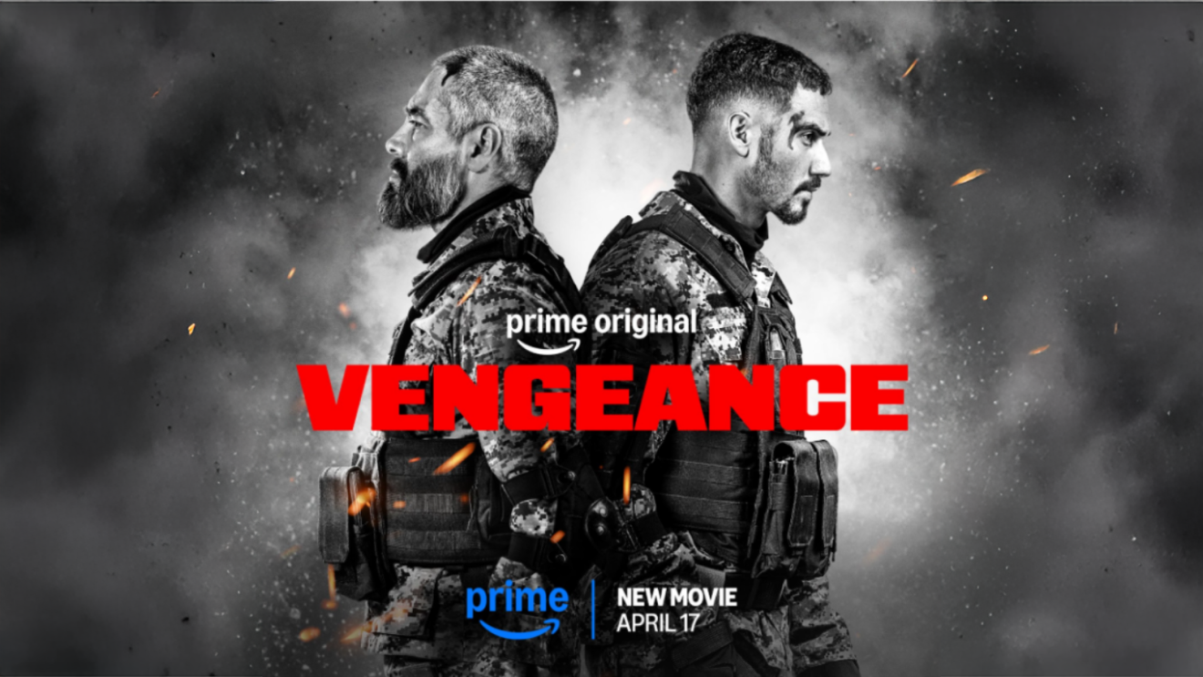 Omar Chaparro and Alejandro Speitzer standing back to back in soldiers uniform surrounded by flames. Title and release date shown for Prime Video, with the image in black and white.