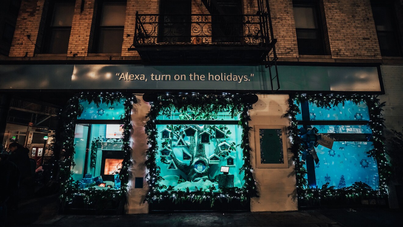 An image of the Alexa holiday window display in New York City