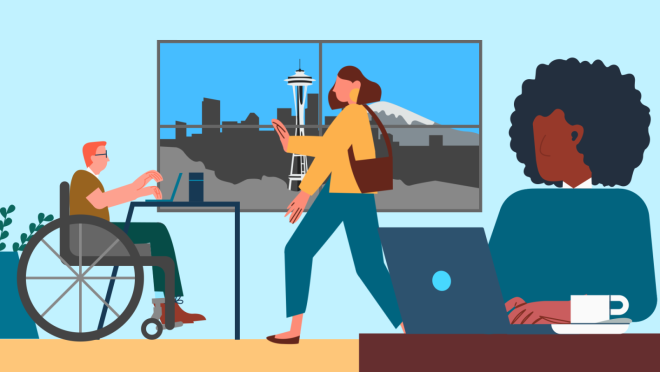 办公室里人们的图画。有一个女人在向坐在轮椅上的男人挥手。有一扇窗户的背景是西雅图太空针塔、高楼和拉尼尔山。在图片的前景中,还有一位女士正在办公桌前使用笔记本电脑。