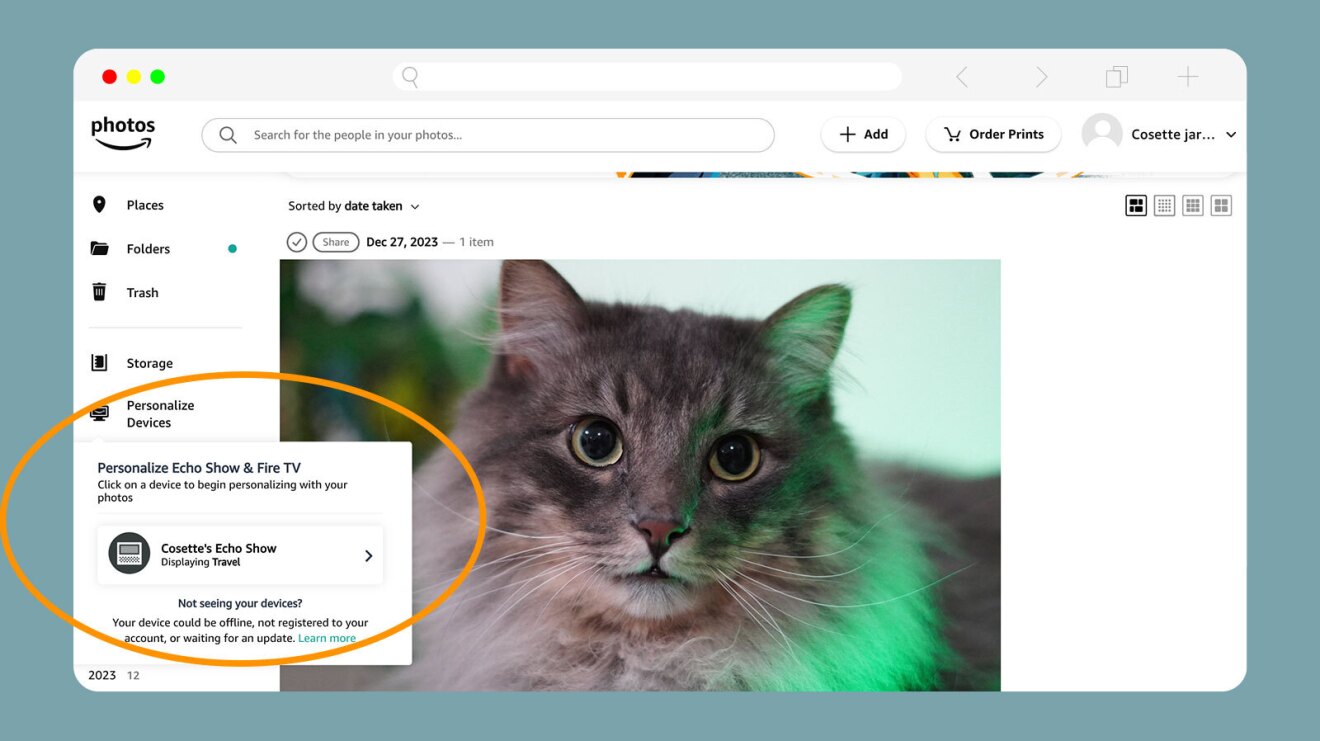 A screenshot showing where you can share to your devices on the desktop version of Amazon Photos.