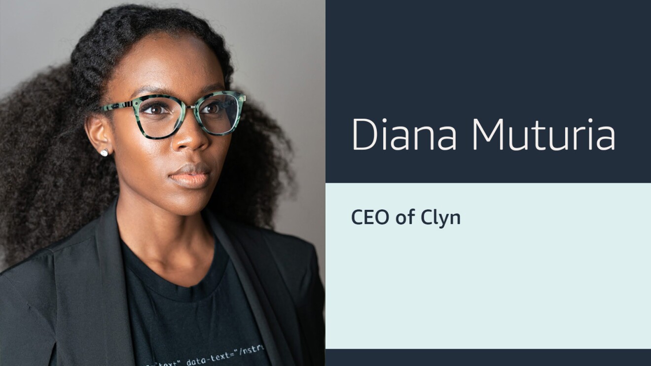 An info card that includes the headshot of a woman wearing a black shirt and blazer on the left, and text that reads "Diana Muturia CEO of Clyn" on the right with two shades of blue in the background. 