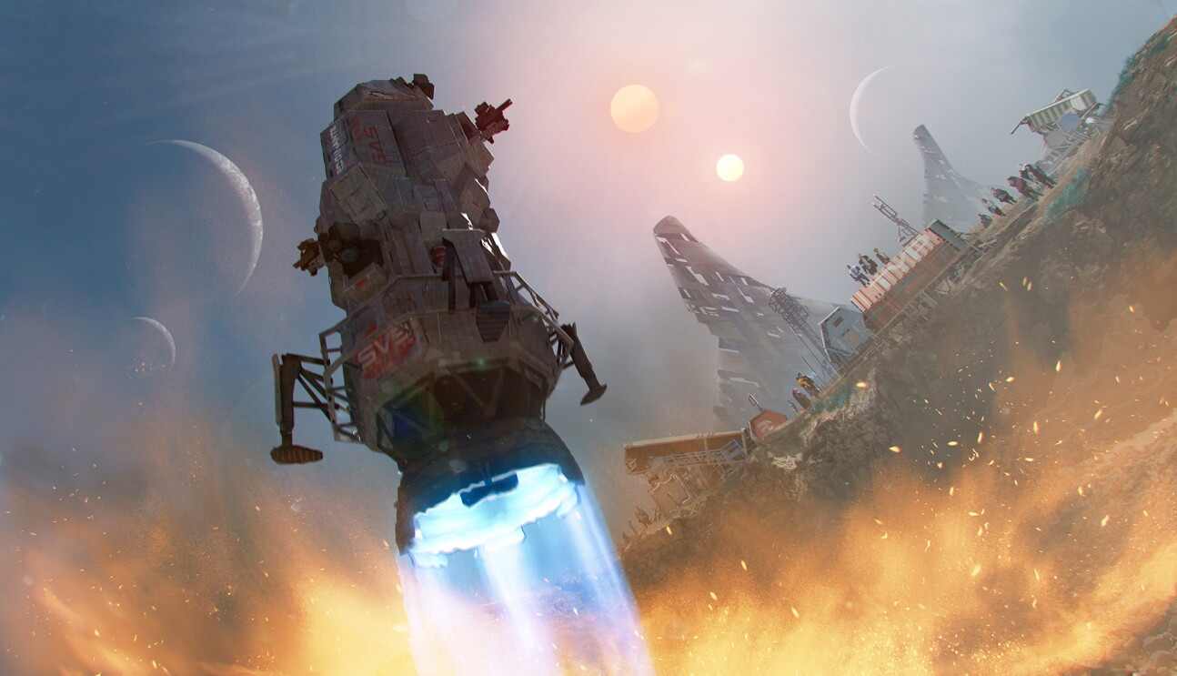 Concept art from The Expanse, showing a key component of the show, the Rocinante, landing. 