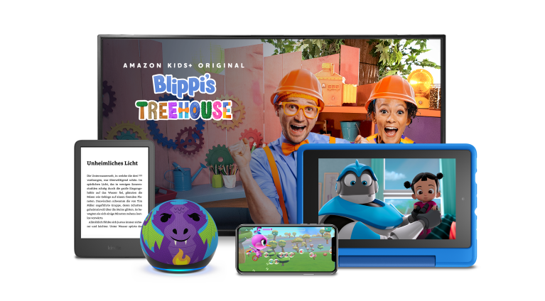 An image showing an Echo device and a television behind it. There are multiple kids' show options on the television in the back.