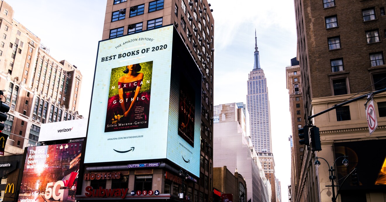 New York Square takeover of book title included Amazon's Best Books of the Year 2020 list.