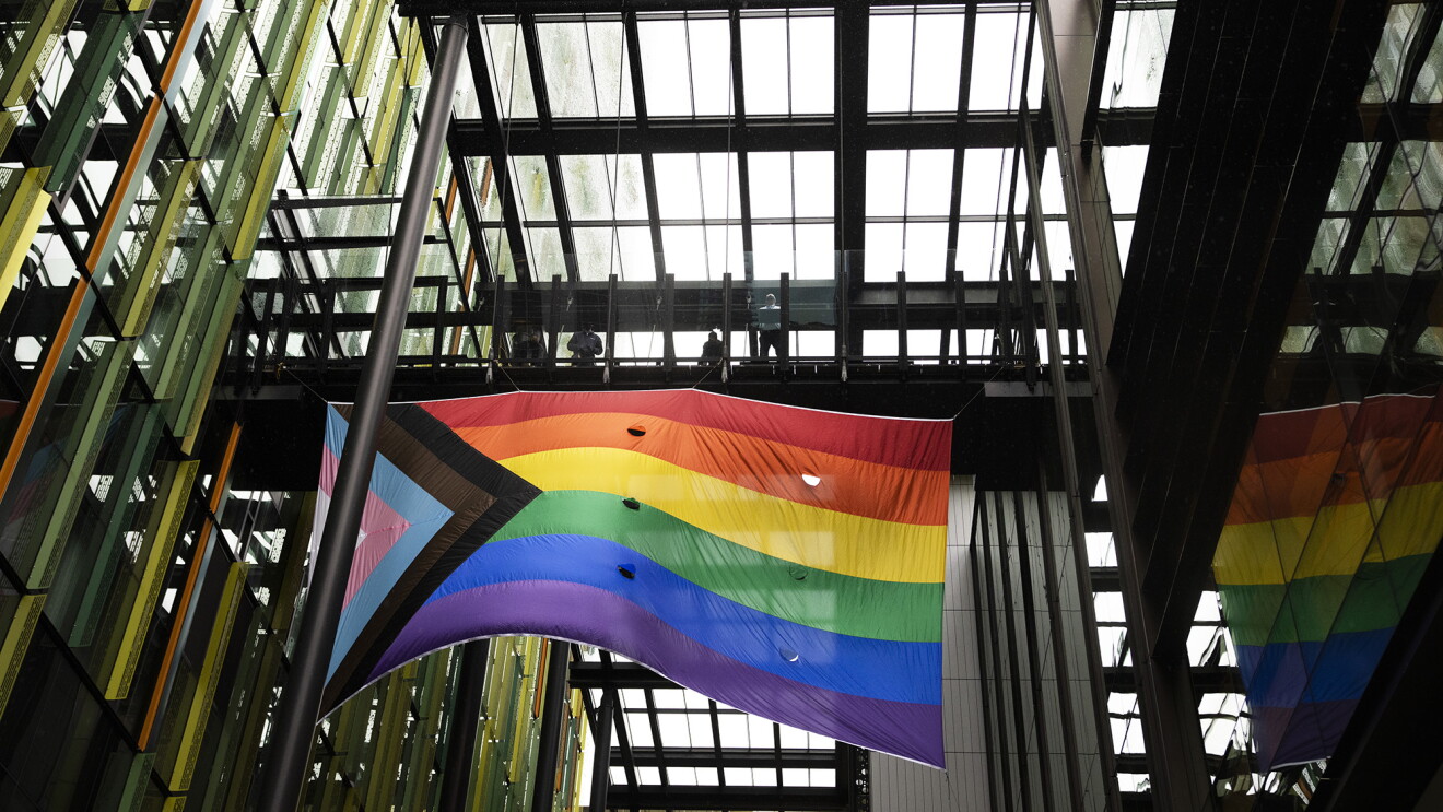 An image of the new Progress Pride flag flying in the breezeway of one of Amazon's offices at its Seattle headquarters. The flag features the rainbow on the right and a triangle with light pink and blue and black and brown on the left.