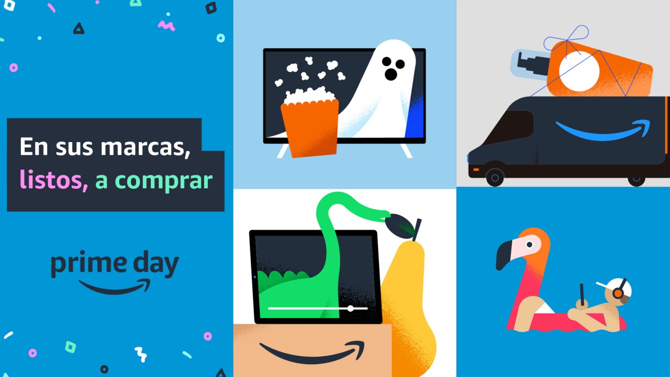 这张插图展示了Prime Day的多种产品,文字上写着“En sus marcas, listos, a compar”和Prime Day的标志