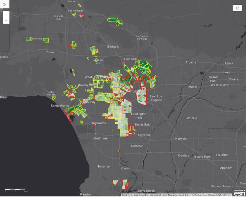 The map shows the tree canopy coverage at the census tract level as it relates to the redlined areas of Los Angeles.