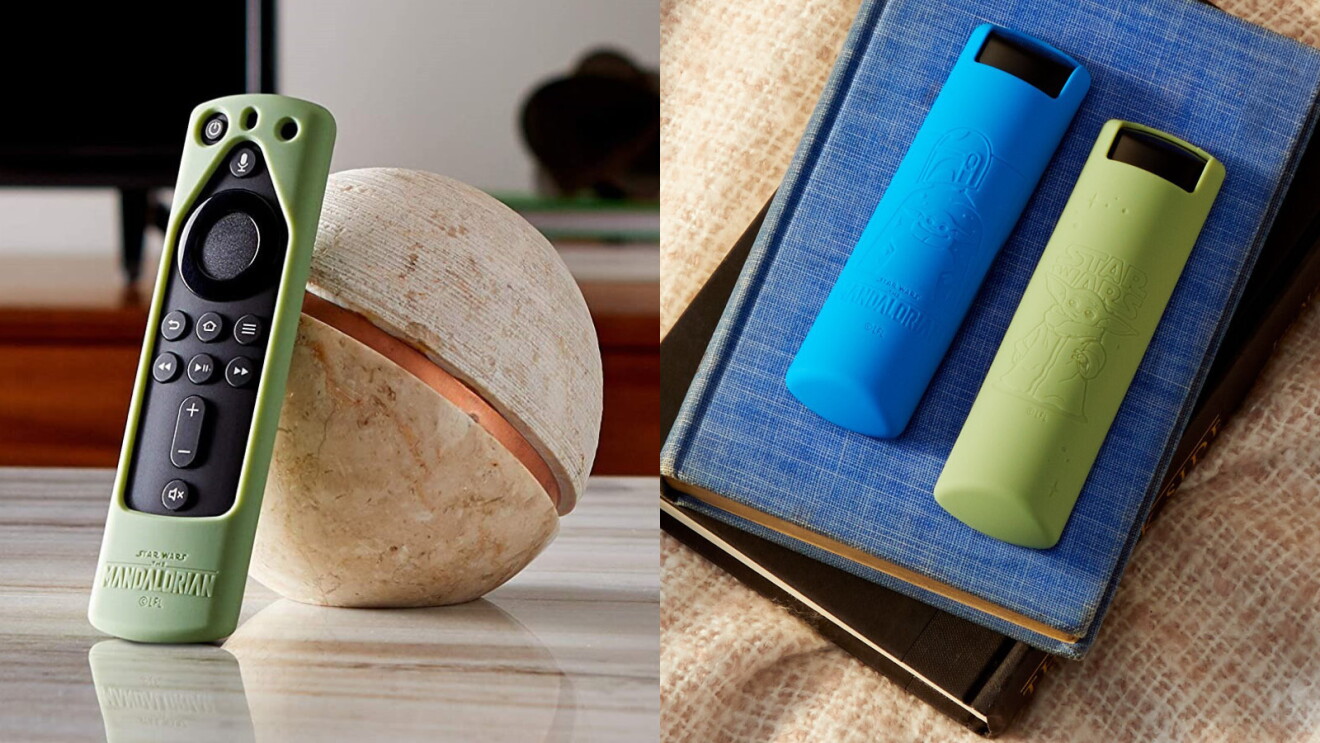 Two side by side images. The left shows the front of a Fire TV remote with a green Star Wars themed cover, and the left shows the back of two remotes with green and blue Star Wars themed covers.
