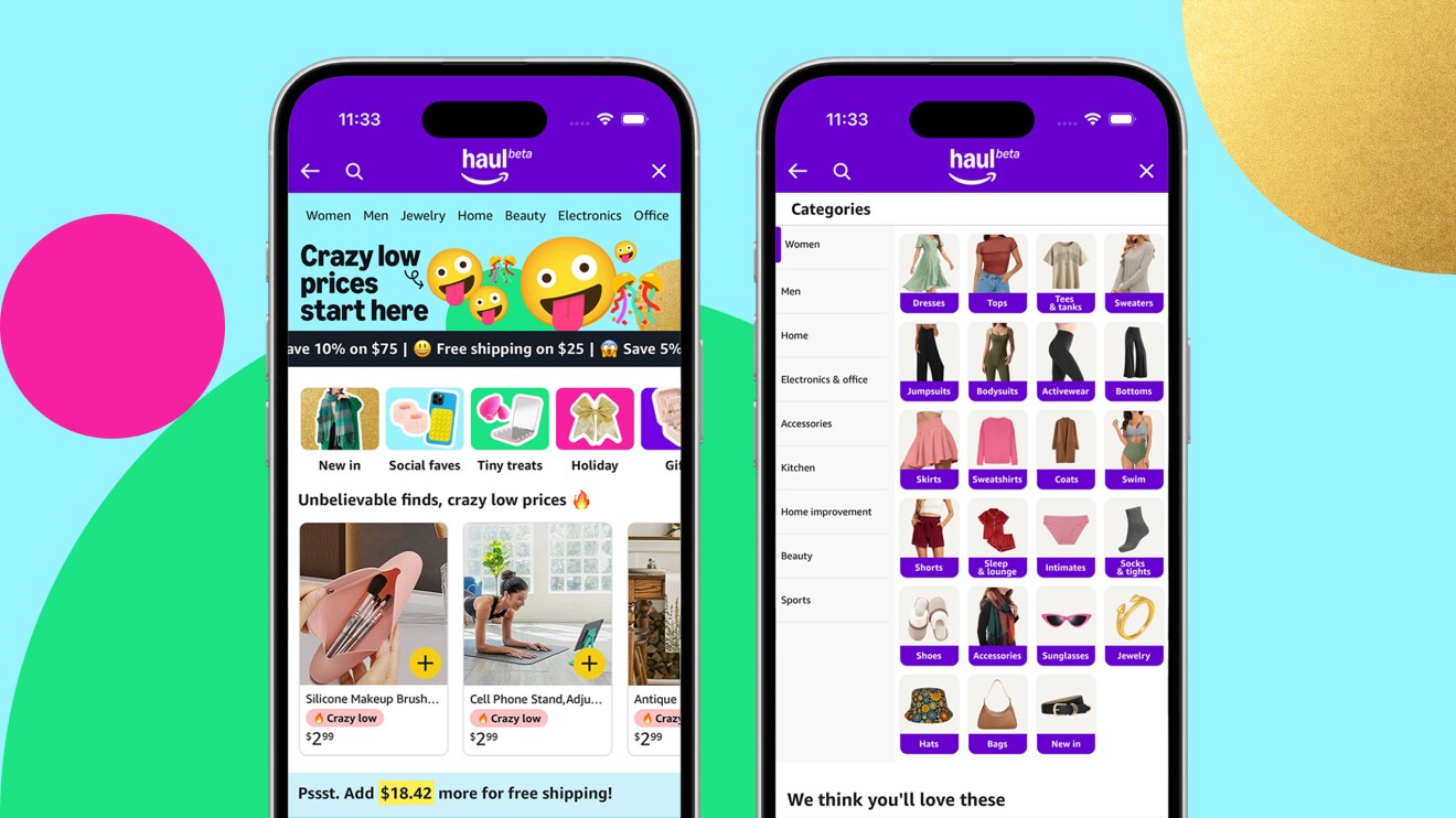 Screenshots of the Amazon Haul customer experience on the Amazon shopping app
