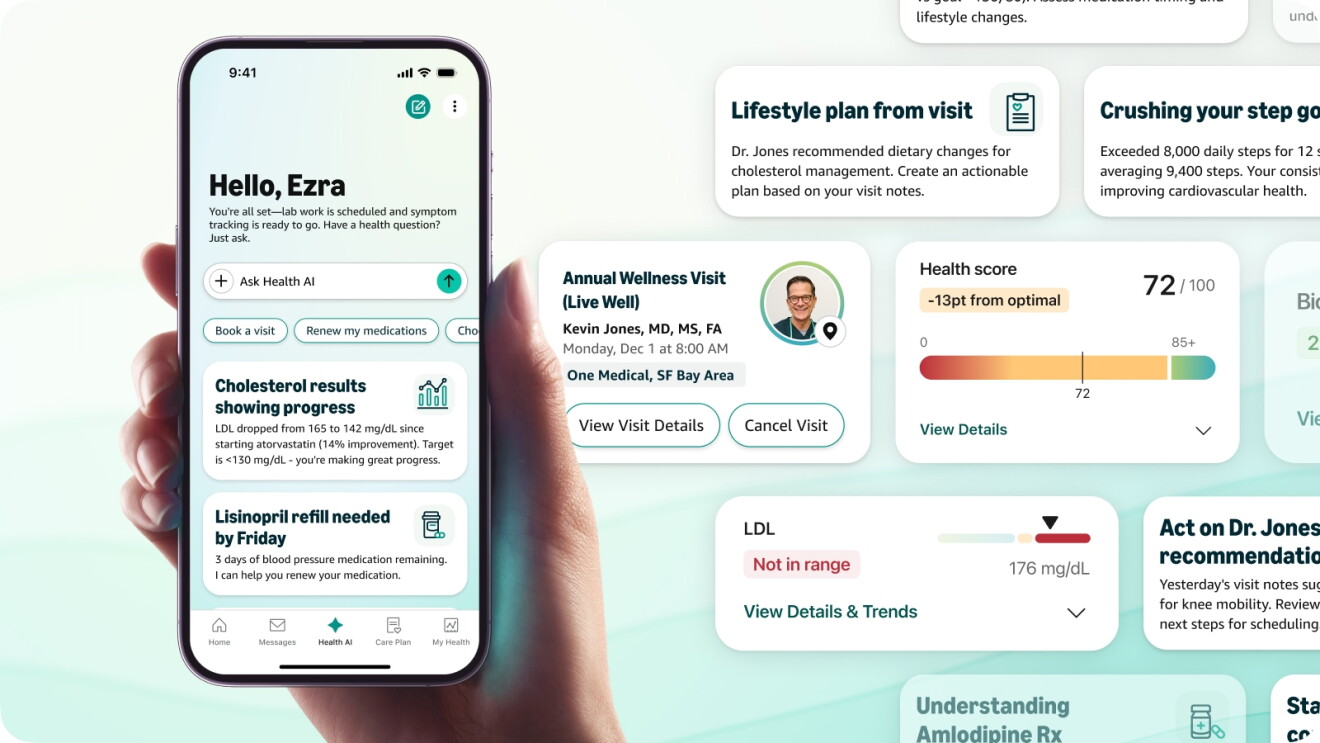 Amazon One Medical app screen with new Health AI assistant and upcoming doctor visit details