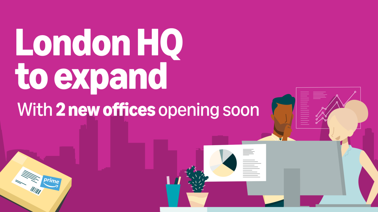 Graphic showing London HQ expansion announcement with cityscape and office imagery