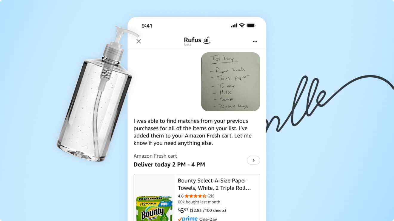 Smartphone screen showing Amazon Rufus AI shopping assistant adding items to Amazon Fresh cart from handwritten list