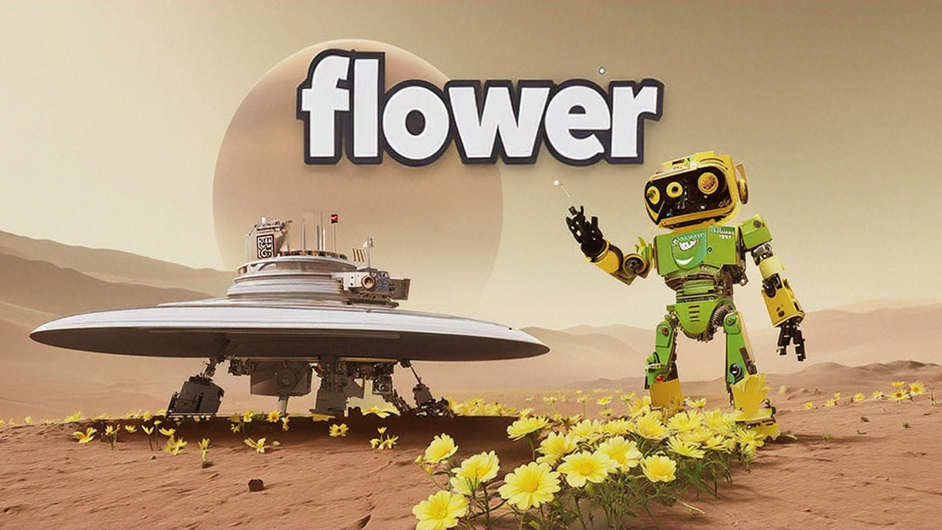 An image of a robot on the moon. There are flowers in front of the robot, and "flowers" displayed in the sky.