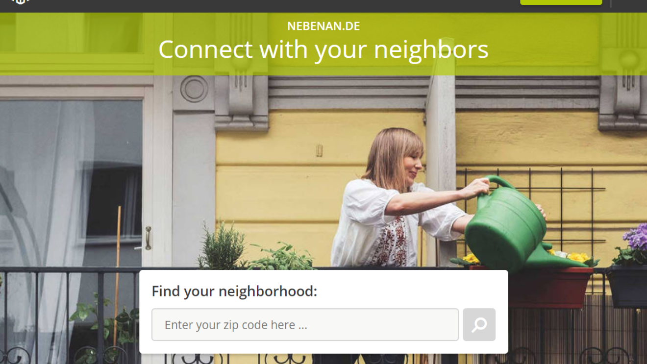 Screenshot of Nebenan.de's homepage where you can search your neighborhood to find opportunities to connect with and help your neighbors during the COVID- pandemic.