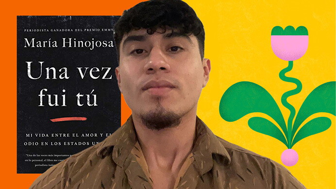 An image of Alex Chavez, program manager, AWS and a cover of a book in the background with an illustration of a flower in yellow, pink and green.