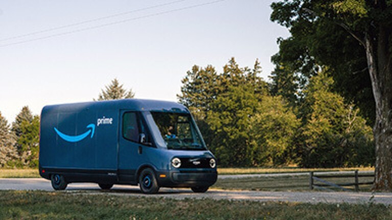 Amazon Rivian delivery van on rural road