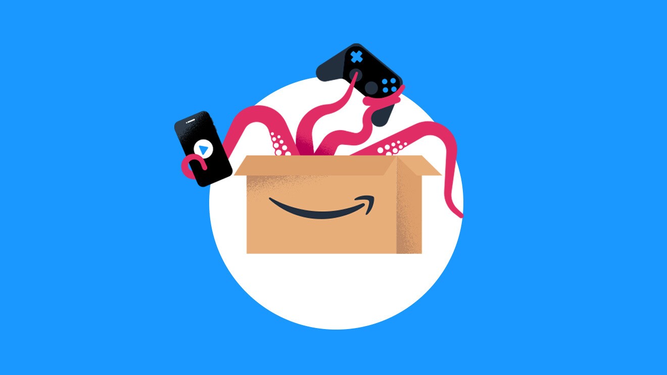 A graphic of an Amazon box with octupus legs coming out of it holiding a mobile phone and game controller.