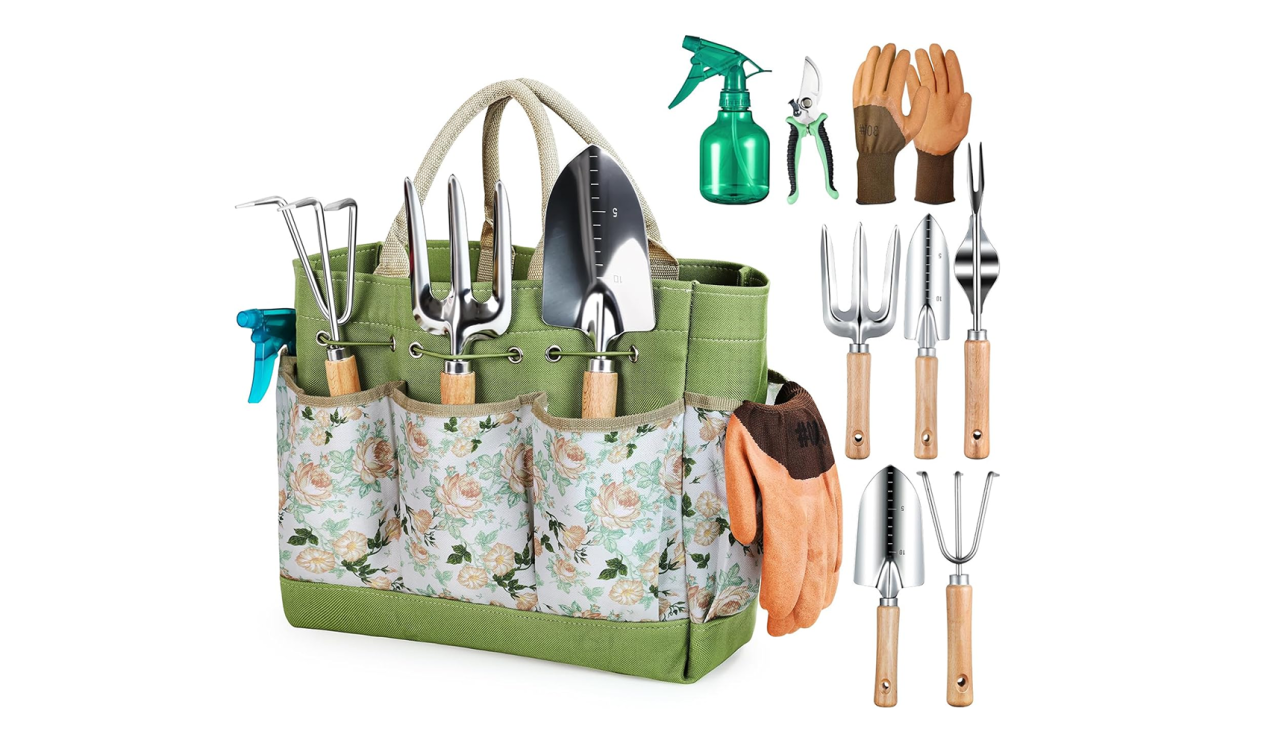 Garden tool set including bag, hand tools, gloves, and spray bottle
