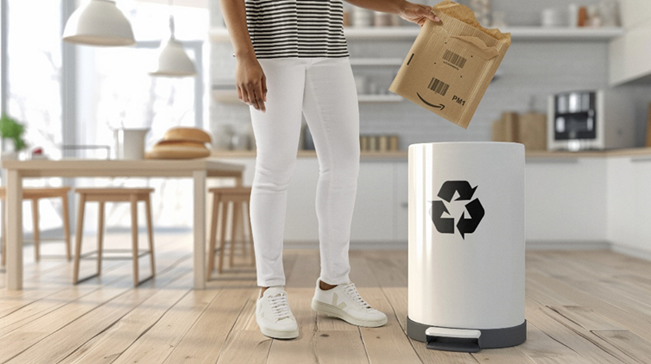 Das Bild zeigt die neue Papierverpackung mit Polster die von einer Person in einem reycelbaren Mülleimer geworfen wird.