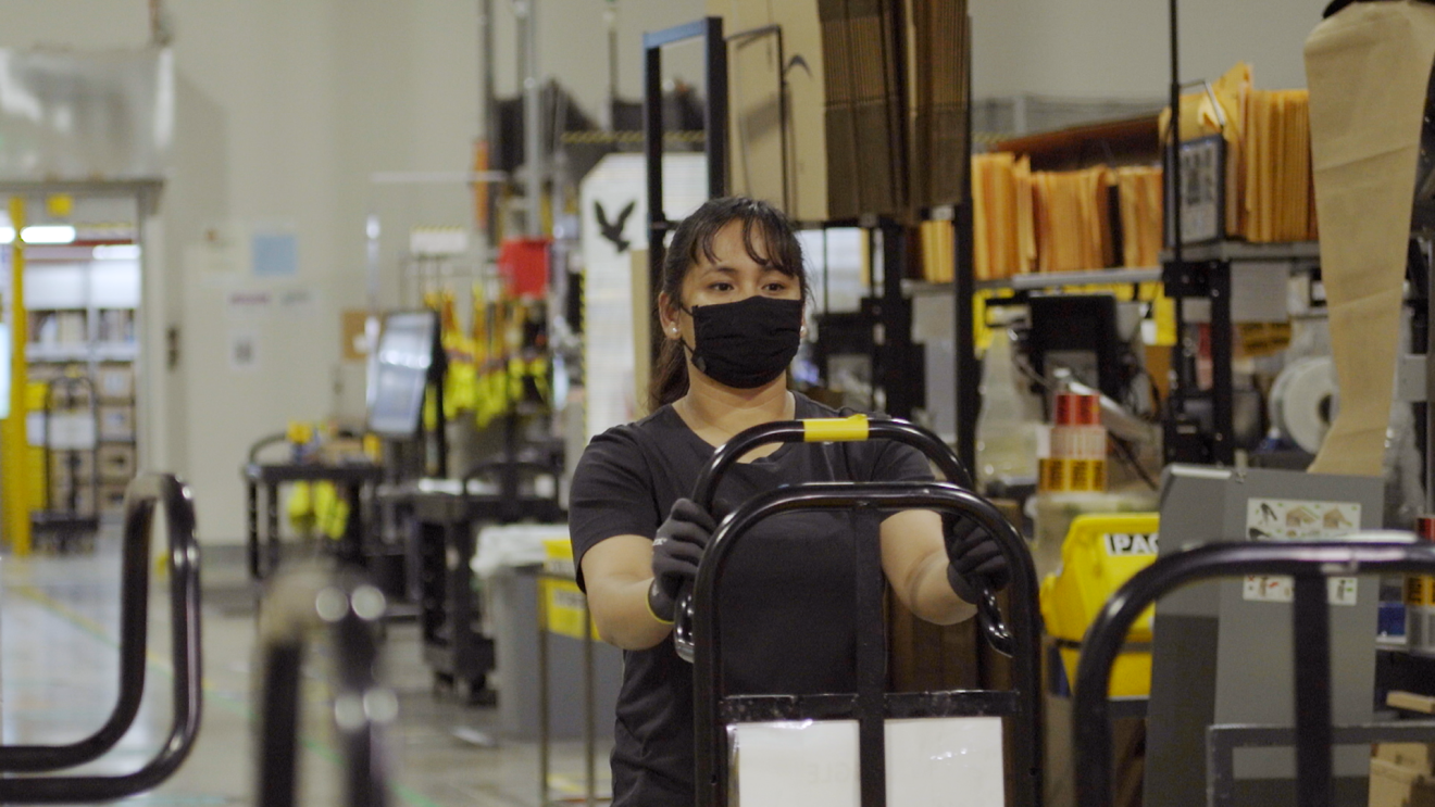 A lady wearing a mask is seen pushing a cart