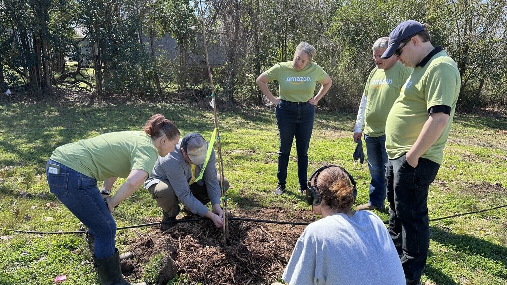 Amazon employees planting a tree during community service event