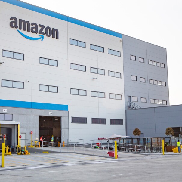 An image of the outside of an Amazon fulfillment center.