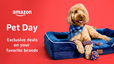 safari google icon A close up image of a dog's face. There is text on the left side of the image that says "Amazon Pet Day, Exclusive deals on your favorite brands"