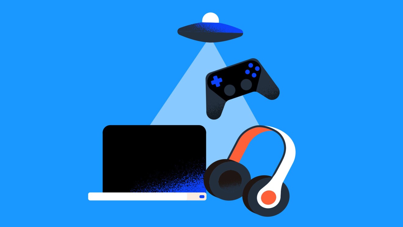 An illustrated image showing a laptop, headphone set, and game controller being beamed up to a spaceship.