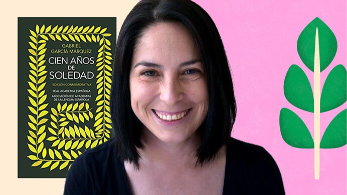 An image of María José Soto, content program manager, Alexa International, and a cover of a book in the background with an illustration of a leaf in pink and green. 