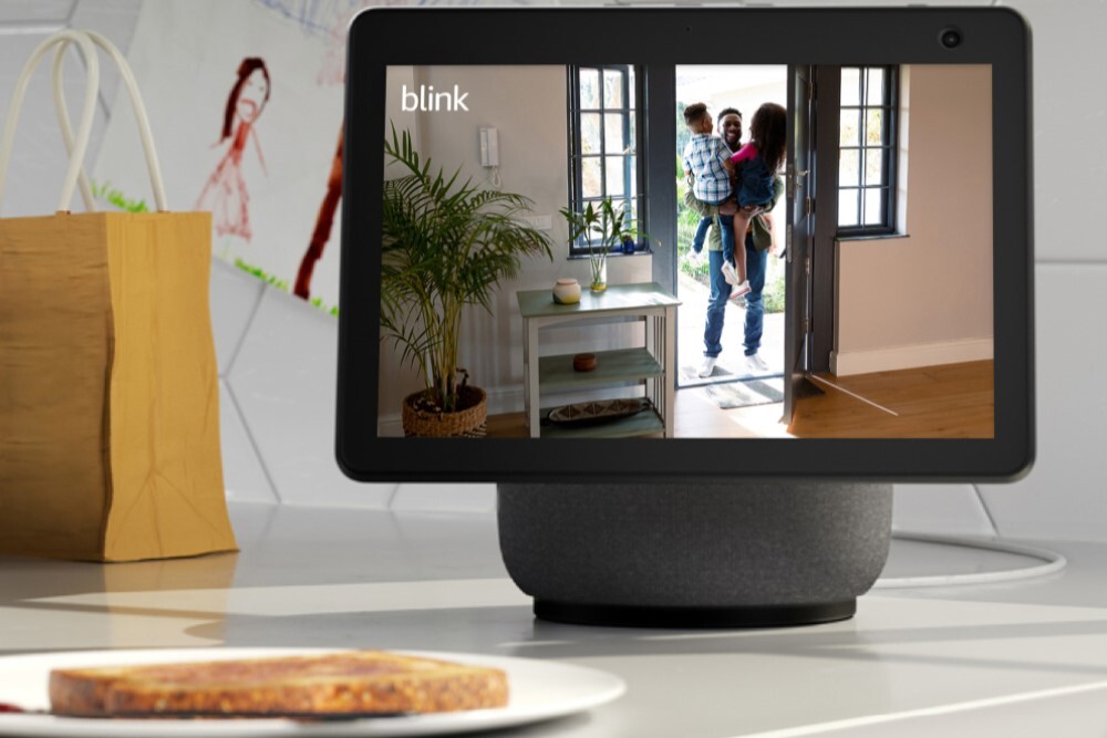 Blink Security shown on Screen on top of kitchen counter