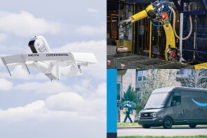 A collage of an Amazon drone, Sparrow robot, and a Rivian delivery vehicle.