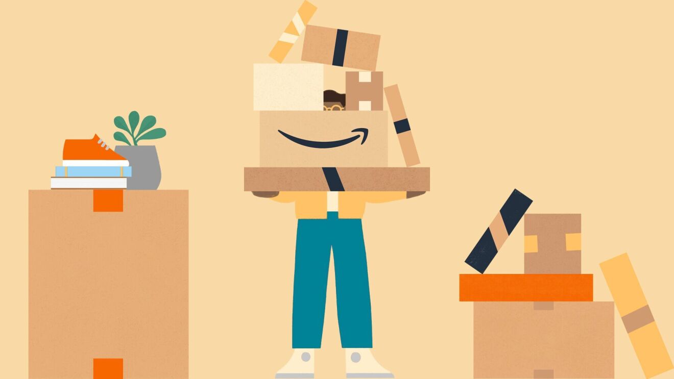 A graphic of a person holding a stack of boxes including an Amazon box